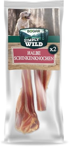 Bogar - Simply Wild - Chuches para Perros - Comida Perros como Complemento de la Alimentación Habitual - Pack de 2 Medios Huesos de Jamón - 100% Cerdo Seco - Ayuda a la Masticación