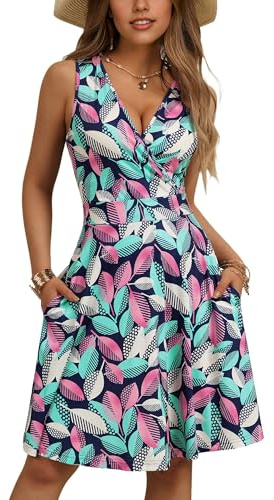 LIAMERHE Vestido Sin Mangas Mujer Casual Verano Vestidos Cuello en V Elegante Vestido Largo hasta la Rodilla Flores-1 S