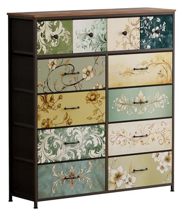 UnbYuro Commode, commode en tissu avec tiroirs pour chambre à coucher, couloir, chambre d'enfant, placards, structure en acier, plateau en bois, poignée facile à tirer (brun, 12 tiroirs)