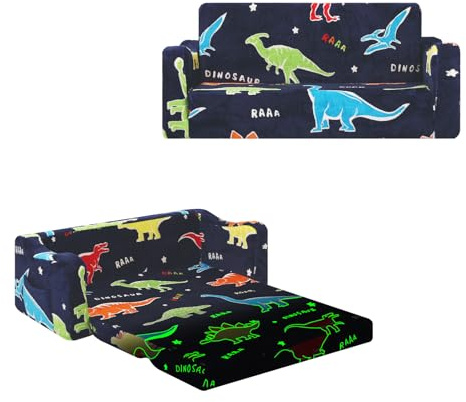 alldomess Kids Couch Extra Large,Glow in the Dark 2-in-1 Folding Kids Sofa Bed for Boys,2 Seats Convertible Sleeper Lounger Toddler Couch for Children Bedroom Playroom Nursery,Dinosaur