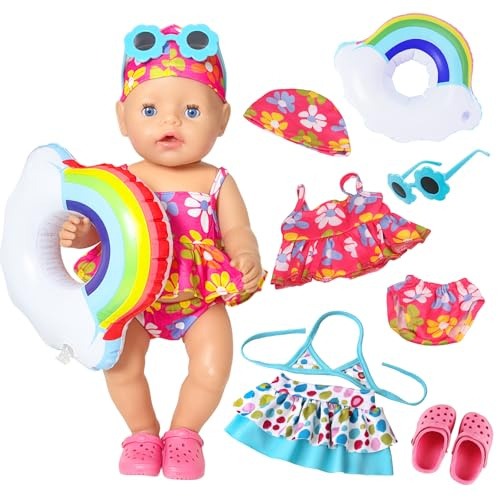 Baby Puppen Kleidung für 14-16 Zoll Große Babypuppen, 5 Pcs süßes Babypuppen Schwimmset, Blauer Gepunkteter/Roter Geblümter Badeanzug + Schwimmring + Schwimmbrille + Hausschuhe, Geschenk für Mädchen