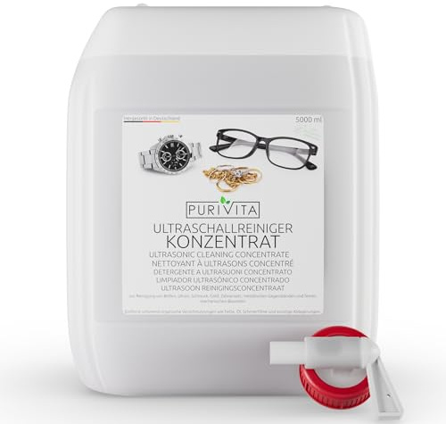 PURIVITA® Ultraschallreiniger Konzentrat [5L] - Reinigungsmittel für Ultraschallgeräte - Reinigungsflüssigkeit für Ultraschallreiniger - Ultraschall Reinigung für Brillen, Schmuck, Zahn & Münzen