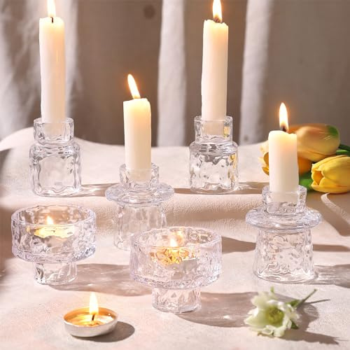 6 Packs Taper Candle Holders, Clear Glass Candlestick Tealight Holders