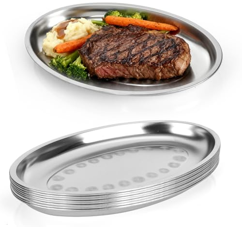 WeeGoo 6 PCS Stainless Steel Oval Serving Tray, 34.2 x 21.5 x 2.5CM Stainless Steel Serving Platter, Silver Plateware Dish for Oven Baking Steaming Fish Meat Appetizer Salad