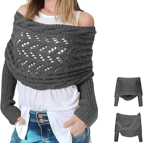 RUISHH Écharpe Tricotée Femme avec Manches Pull Multifonction Torsadée Élégante Écharpe Chale Cachemire Imitation Chaud Automne Hiver Foulard Gris foncé