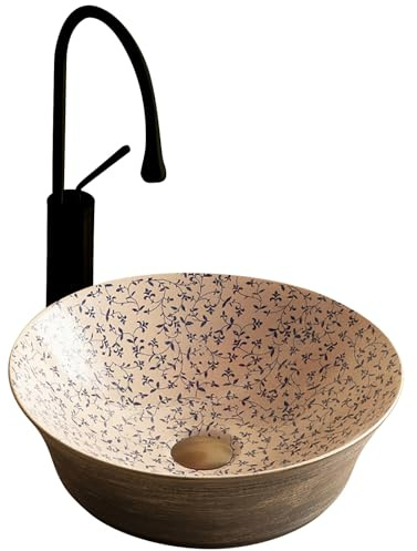 Lavabo Sobre Encimera de Cerámica con Diseño Floral Azul, Lavamanos Elegante Cocido a Alta Temperatura, para Tocador de Baño(Black)