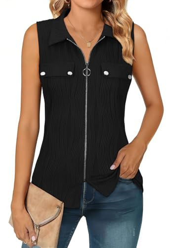 Flikity Vests for Women Summer Tops Ladies V Neck Sleeveless Tank Tops Business Casual Blouses Collared Shirts with Zipper