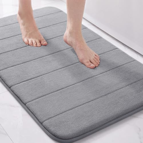 Yimobra Memory Foam Bath Mat, Super Soft Absorbent Bathroom Rug Non Slip 31.5x20 Inch, Quick Dry, Machine Washable Floor Carpet for Tub Shower, Home Decor Accessories, Gray