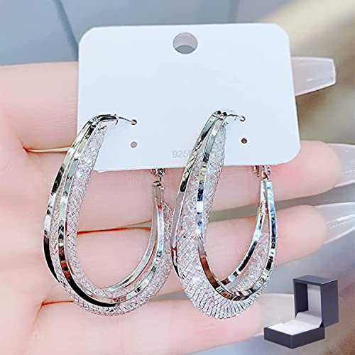 JQSL Gewebte Mesh Ovale Ohrringe, Vergoldete Tropfen Ovale Creolen Silber, Shinning Luxus Runde Diamantohrringe, Persönlichkeit Helle Strass Ohrringe Damen (Sliver)