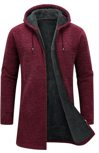 KUDORO Cardigan Homme Long à Capuche Zippé,Pull Homme Cardigan en Tricot Hoodie Épais et Décontractée Chandail Homme Sweats à Capuche Homme(Bourgogne,2XL)