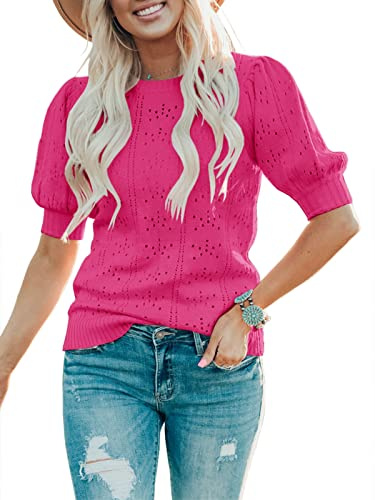 Saodimallsu Pull à manches courtes pour femme - Col rond - Motif lanterne à pois, rose, M
