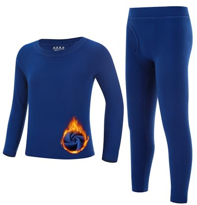 Runhit Youth Long Johns for Kids Thermals Top and Bottom Set Stretch Boys Long Underwear Suit Ultra Soft Fleece Pants Warm Ski Medium Blue