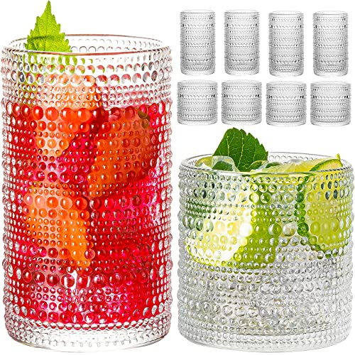 wookgreat Hobnail Drinking Glasses, 8 pcs Embossed Designed Glass Cups-4 Highball Glasses 12oz & 4 Rocks Glasses 12oz, Mojito Cups, Mixed Drink Cocktail Glass, Bar Glassware for Cocktail, Whiskey