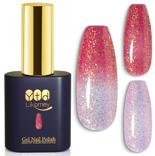 YTD Likomey UV Gel-lack Nagellack,15ml Glitter Ändrar Färg med Temperaturen Nagellack,Färgskiftande Manikyr Gel Polish,Kameleontfärg Gellack-Ljusrosa till Persikorött WB341
