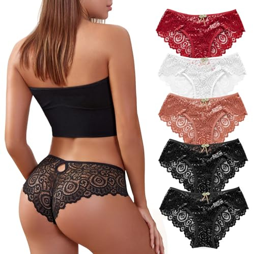 SHAINE 5 Pack Set Perizoma Mutande da Donna in Pizzo Lingerie Sexy Perizoma Donne Slip Traspirante Biancheria Intima String Tanga Confortevole Mutandine Bikini Morbido L