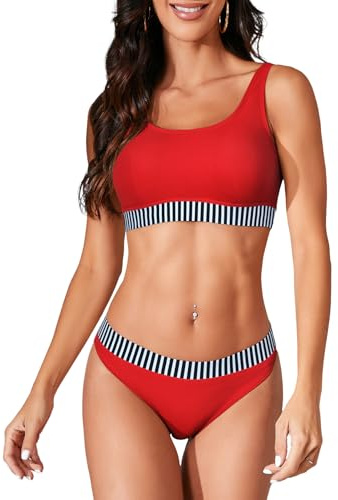 iSLASISIA Trajes de baño Deportivos para Mujer Bikini Acanalado con Top Corto de Dos Piezas con Parte Inferior atrevida（Rojo,EU38）