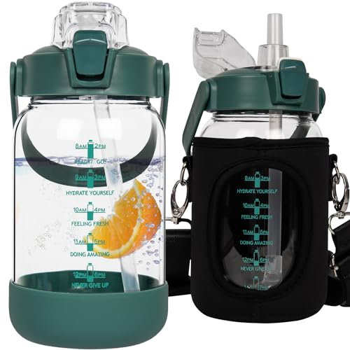 Seekua 1l Glass Water Bottle with Straw & Motivational Time Markings 1 litre Large Leakproof Gym Drinking Bottle
