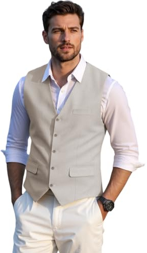 Solovedress Gilet de costume élégant pour homme Gilets pour hommes Gilet d'été en lin pour mariage et fête, beige, 3XL