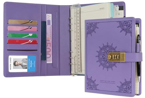 WASON Diario con candado A5 cuaderno de notas de hojas rayadas recargables planificador carpeta de escritura con bolígrafo y para ideal organizador negocios escuela y viajes(Púrpura)