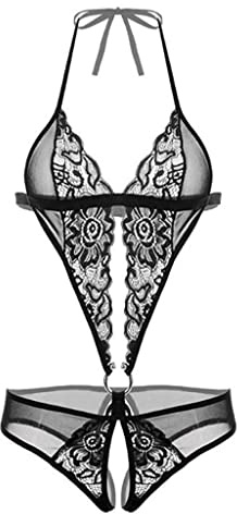 Générique Body Sexy Femme érotique Ouvert Entrejambe Bodysuit Femme Dos Nu Decollete Plongeant Lingerie Femme Dentelle Transparente Babydoll Justaucorps sous Vetements feminins Coquine (Black, XL)