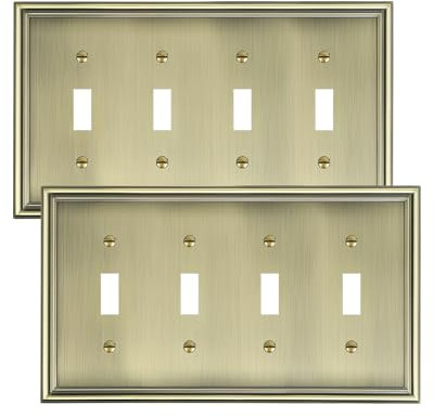 TREEWELL 2-Pack Quad Toggle Light Switch Cover Plate, Durable Zinc Alloy Decorative Switch Plate Covers, Antique Brass 4 Gang Wall Plate for Toggle Light Switch and Rotary Dimmer Switch