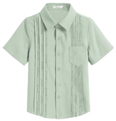 Arshiner Niño Camisa Guayabera Niños Algodón Bordado Camisa de Manga Corta Verano Ocio Shirt Pecho Bolsillo Básica Camisas para Niño 11-12 Años Verde