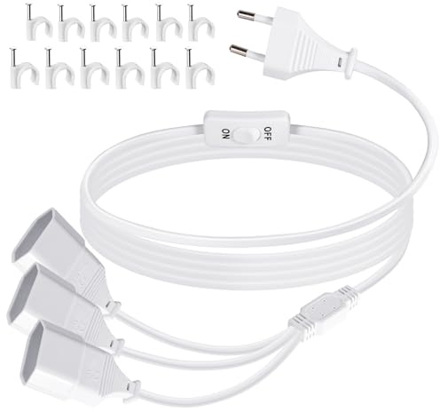 Verlängerungskabel med platt kontakt med strömbrytare, 2M Eurokontakt förlängning strömkabel nätkabel platt, 3-vägs Euro kontaktadapter med tunn kabel EU-fördelare 2,5A/250V för TV med EU-kontakt, Vit