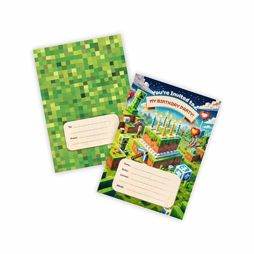 Huxters 14 pcs Video Gaming Birthday Kids' Party Invitations for Boys Game Theme Party-Invites Childrens Parties Supplies Block Themed Survival Mode Double-Sided (MC Gamer)
