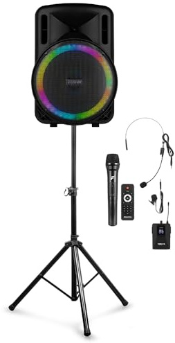 Fenton FT15LED MK2 15 Battery Powered Portable PA System with Bluetooth, Wireless Handheld and Headset Mics, Adjustable Speaker Stand - 800W Active Speaker Set for Fitness and Live Events