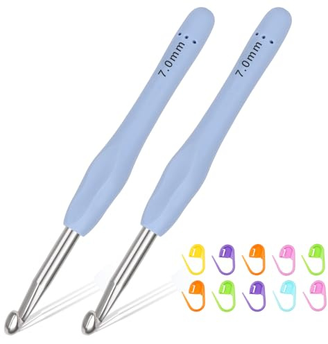 Reessy 2Pcs 7.0mm Crochet Hooks Set, Aluminium Crochet Hook with Soft Rubber Handle for Beginners and Adults, Light and Comfortable Ergonomic Crochet Hooks for Arthritis Hands Fine Crocheting
