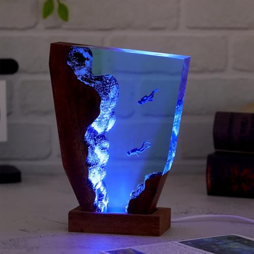 Drawelry Ocean Epoxy Resin Lamp with LED, Handmade Shark Diver Night Light, Deep Sea Decor for Desk Bedroom, Unique Birthday Gift for Men Dad Diving Lovers (Diving Adventure)