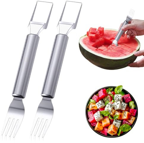 2 in 1 Watermelon Fruit Cutter, Stainless Steel Fruit Slicer Useful Gadgets,Kitchen Gadgets 2025 New Multifunctional Melon Mango Watermelon Cutter for Kitchen, Summer Family Party Forks (2PCS)
