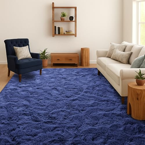 SOANNY Alfombra de Pelo Largo para Salón, Lavable Antideslizante y Suave, Diseño Sólido Shaggy para Dormitorio y Habitación Infantil, Tapete para Cama, 90x150 cm, Azul Marino