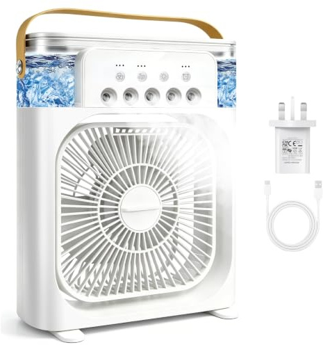 Portable Air Conditioner Fan, Mini Evaporative Air Cooler with 5 Spray Nozzles,3 Wind Speeds,3 Timers, 7 Colors LED Light,600ML Personal AC Unit Fan for Bedroom Office CampingïŒWhiteïŒ