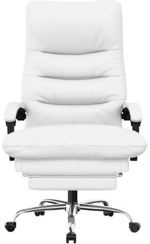 rattantree Poltrona Girevole con Poggiapiedi Telescopico, Sedia da Ufficio Ergonomica con Sedile Largo, Sedia Direzionale da Ufficio con Cuscino Lombare Separato (Con Poggiapiedi, Bianco)