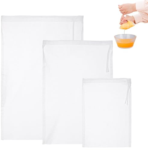 AIZOE Nut Milk Bag, 3 Pack, Reusable Fine Mesh Nylon Cheese Cloth Bags with Drawstring for Straining Almond Milk, Tea, Juice, Yogurt, Cold Brew Coffee, Wine, Beer (5.91x7.87/7.87x11.81/9.45x14.17)