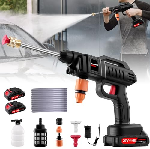 Idropulitrice a Batteria,60 Bar/870 PSI Idropulitrice Portatile con 2 Batterie,3 In 1 Ugello,Tubo da 5M, 480L/H High Pressure Cleaner per Auto,Giardino,Pavimenti e Esterni