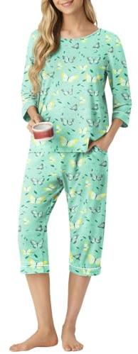 PrinStory Conjunto de pijama para mujer, camiseta corta 3/4 y pantalón corto con bolsillos, transpirable, ropa de dormir de verano, ropa de dormir, Mariposa verde, XL