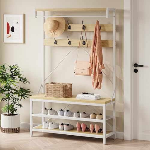 Garvee Étagère de Rangement pour Chaussures, Meuble d’Entrée avec Banc, Porte-Manteaux avec 8 Crochets et Étagère, 102 x 40 x 183cm, Vestiaire, pour Couloir, Chambre, Style Industriel, Naturel