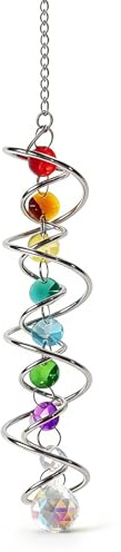 Sikweny Atrapasoles Cristal con Doble Espiral, Atrapasol Suncatcher Colgante Campana de Viento Decorativa con Siete Perlas de Chakra y Bola de Cristal para Ventana Jardín Boda 45 CM
