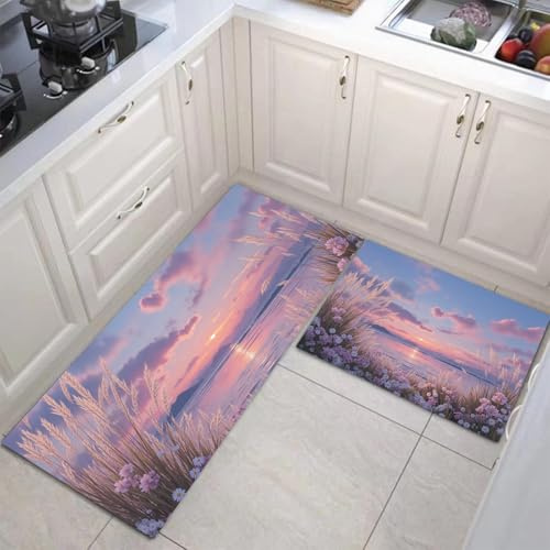 Sogno Naturale Set di Tappetini da Cucina Antiscivolo in 2 Pezzi, Tappetini e Tappeti Canne Marine Fiorite Costiere Lavabili per Corridoio Sala da Pranzo e Ingresso, 50x80+50x120cm
