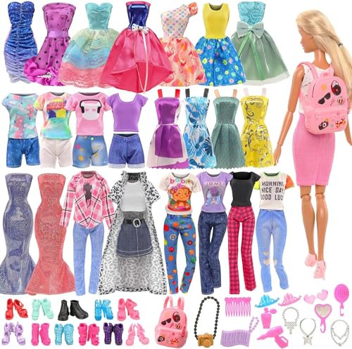 Miunana 36 Kleidung Zubehör für 11,5 Zoll Mädchen Puppen = 3 Fashion Kleider + 3 Casual Kleidung + 6 Mini Kleider + 13 Accessoires + 10 Schuhe + 1 Rucksack für Puppen