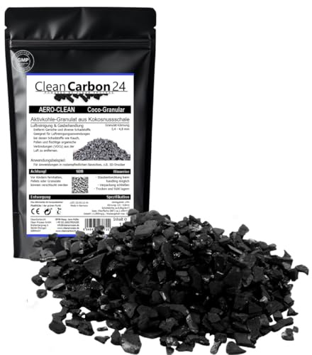 CleanCarbon24® Frischluft Booster– Aktivkohle-Granulat 4x6mesh (3,4-4,8mm) aus Kokosnussschalen | Nachfüll-Pack für Umluftreiniger & Rauchfilter [Energieklasse A] Größe: 5L | 2,5Kg