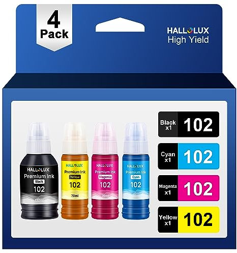 HALLOLUX 102 Ink Compatible for Epson 102 Ink Bottle Multipack for Epson EcoTank ET-2700 ET-2750 ET-2751 ET-2756 ET-3700 ET-3750 ET-4750 ET-15000 (102 Black, 102 C/M/Y)