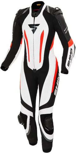 SHIMA MIURA RS Tuta moto donna - Tuta in pelle 1 pezzo, sportiva, da corsa, ventilata con cursori per spalle e ginocchia, protezioni CE per schiena, spalle e gomiti (32, Bianco/Fluo)