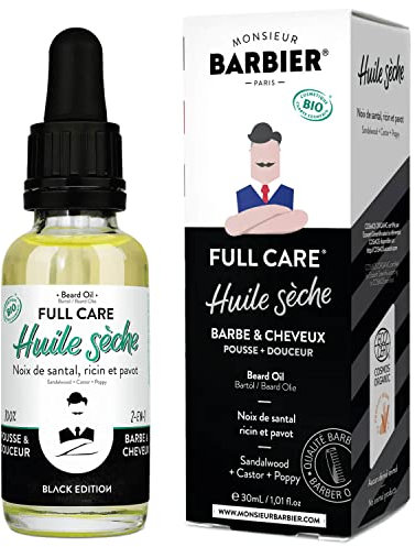 Huile à Barbe BIO 2-en-1 Black Edition TONKA pour homme Monsieur BARBIER | 100% Naturelle et Française | Hydrate et Favorise la Pousse | À base de Ricin, Santal et Pavot | 30mL