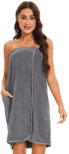 Knuffnee Women Bath Towel Robe Spa Body Wrap Shower Bathrobe Adjustable Snap Closure Grey S/M