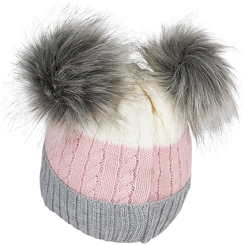 styleBREAKER Barn stickad tofsmössa 3-färgad randig, 2 fuskpälstofs fleecefoder, 2–5 år 04024204, Grå gammelrosa kräm, 48/54