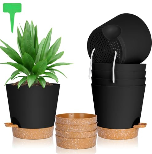 OFFCUP Maceteros Decorativos Interior con Agujeros de Drenaje, 6pcs Macetas de Riego Automático con Agujeros 20CM, Macetas Plástico con Plato, Macetas Plástico para Interior y Oficina（Negro）
