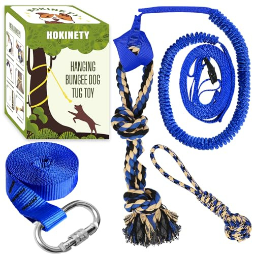 HOKINETY Dog Hanging Bungee Tug Toy: Interactive Tether Tug-of-War for Pitbull Small to Large Dogs to Exercise and Training Equipment - Outdoor Tree Tugger Dog Rope Toy with 2 Chew Rope Toys - Blue